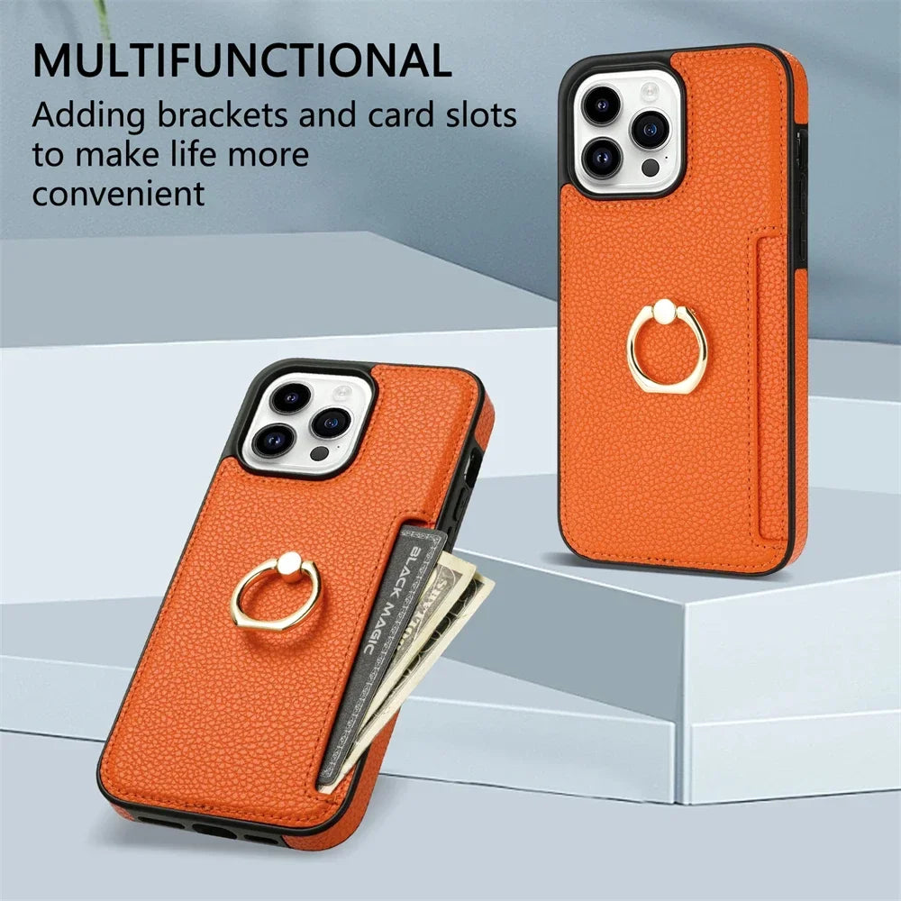 2024 Brand New Design Card Slots with Ring Holder Litchi Leather Case For iPhone 15 14 13 12 Series