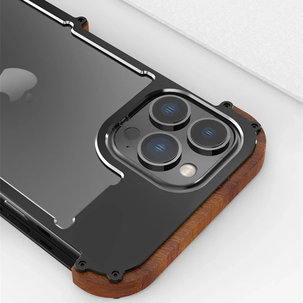 2024 Unique Ultra Thin Aluminum Wood Frame Case for iPhone 15 14 13 Series