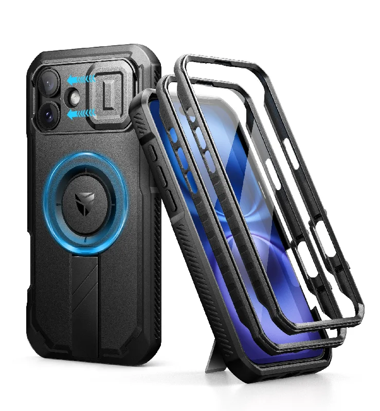 Dexnor Black Case For iPhone 16 Plus With Slide Camera Cover MagSafe Heavy-duty Shockproof Full Body Built-in Screen Protector Adjustable Kickstand