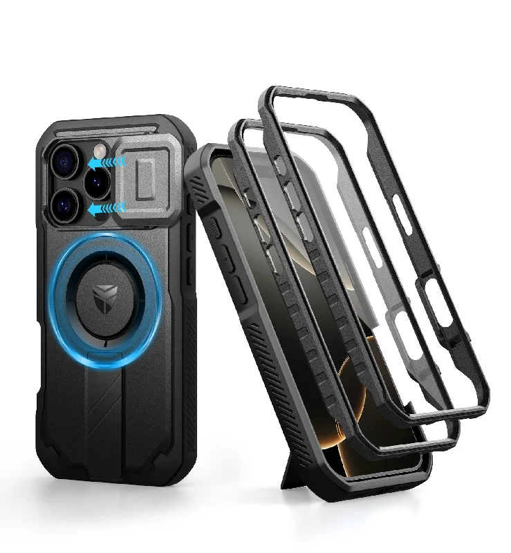 Dexnor Black Case For iPhone 16 Pro With Slide Camera Cover MagSafe Heavy-duty Shockproof Full Body Built-in Screen Protector Adjustable Kickstand