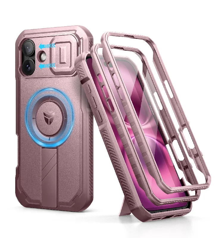 Dexnor Pink Case For iPhone 16 Plus With Slide Camera Cover MagSafe Heavy-duty Shockproof Full Body Built-in Screen Protector Adjustable Kickstand