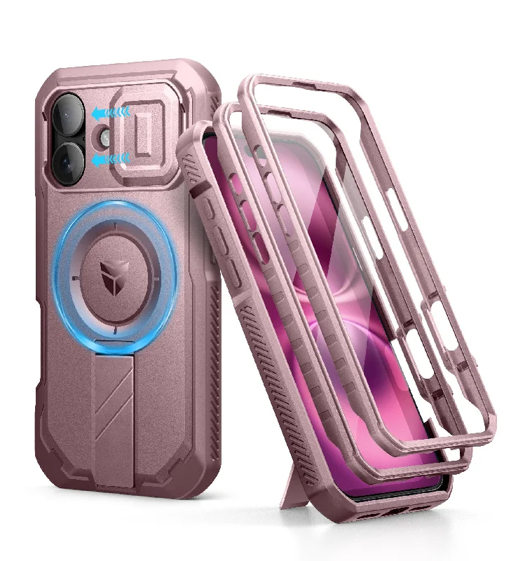 Dexnor Pink Case For iPhone 16 With Slide Camera Cover MagSafe Heavy-duty Shockproof Full Body Built-in Screen Protector Adjustable Kickstand