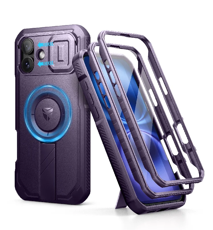 Dexnor Purple Case For iPhone 16 Plus With Slide Camera Cover MagSafe Heavy-duty Shockproof Full Body Built-in Screen Protector Adjustable Kickstand