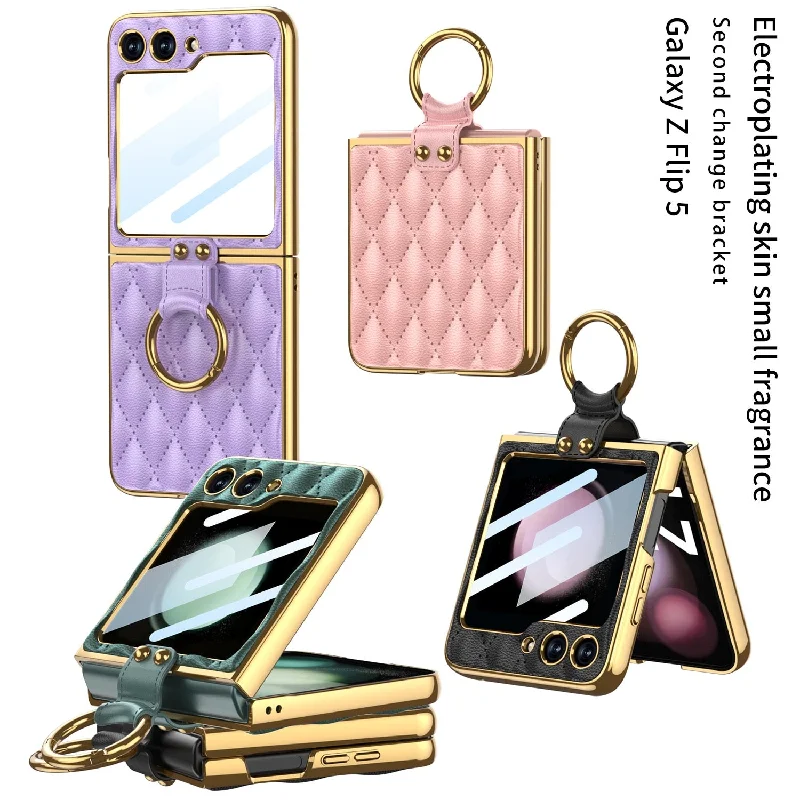 Electroplating Finger Ring Plain Leather Phone Case Samsung Z Flip 5