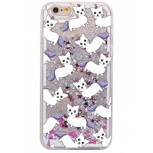 Glitter Waterfall Phone Case - Unicorn Cat - Silver