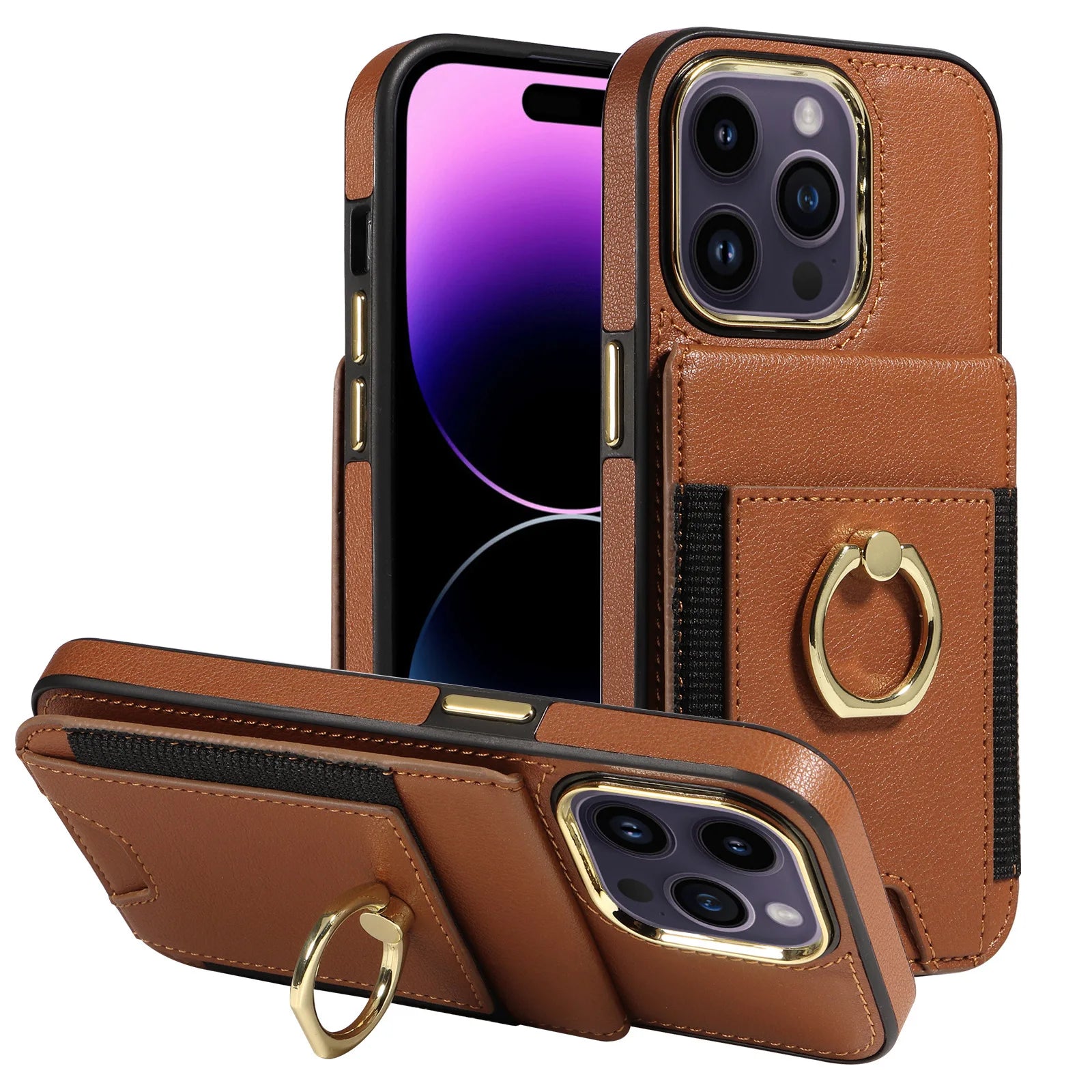 Leather Wallet Finger Ring KickStand Case For iPhone 15 14 13 12 Series