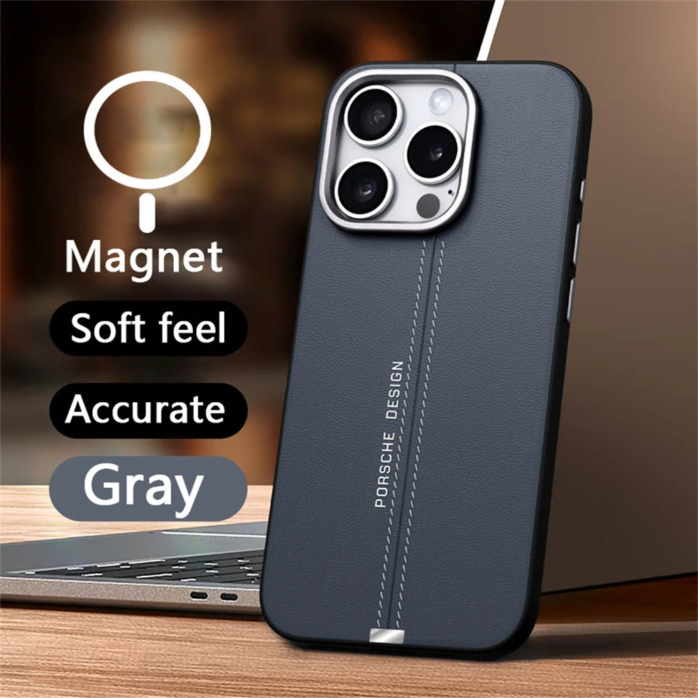 Luxury Business Leather Magsafe Magnetic Metal Button Phone Case For iPhone 16 15 14 13 Series