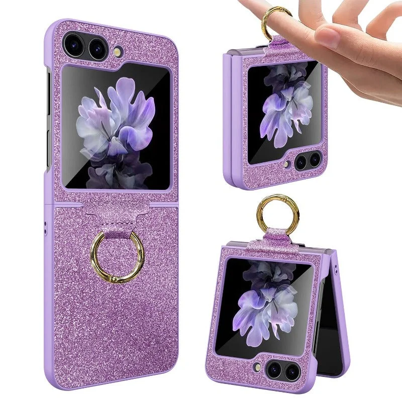 Luxury Colorful Shiny Glitter Ring Bracket With Tempered Film Shockproof Hard Phone Case For Samsung Galaxy Z Flip 5