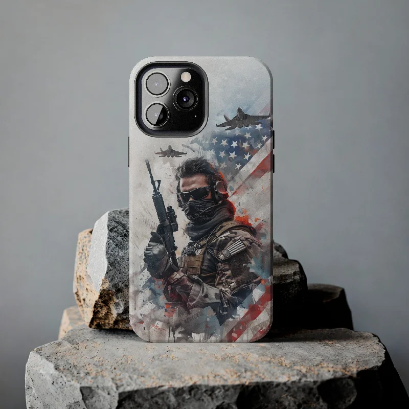 Military Personnel With Gun High Quality Tough Phone Case for iPhone 15 14 13 12 Series