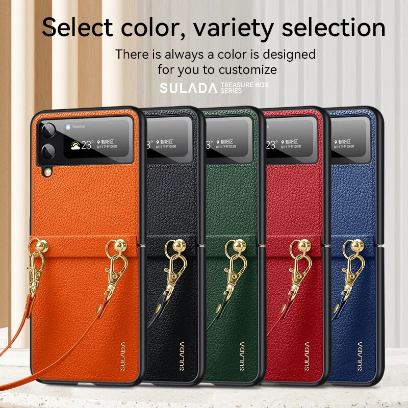 PC Leather Lanyard Hard Shell Folding Phone Case For Samsung z flip