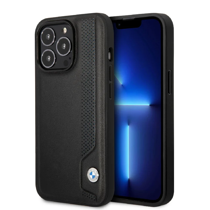 iPhone 14 Pro - Leather Black Signature Collection Case Hot Stamp Line And Blue Dots - BMW