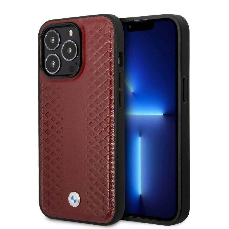 iPhone 14 Pro - Leather Red Signature Collection Case Diamond Hot Stamp Pattern - BMW