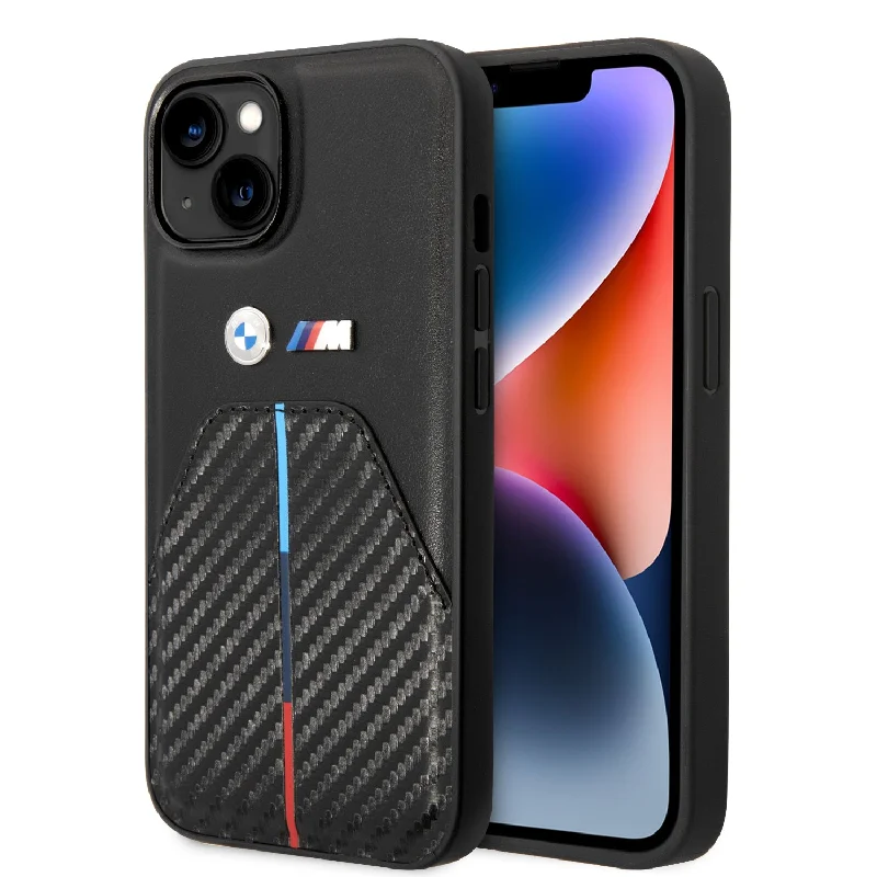 iPhone 14 Plus - PU Leather Black M Collection Quilted Pu Carbon Case With Hot Stamped Tricolor Stripe And Metal Logos - BMW