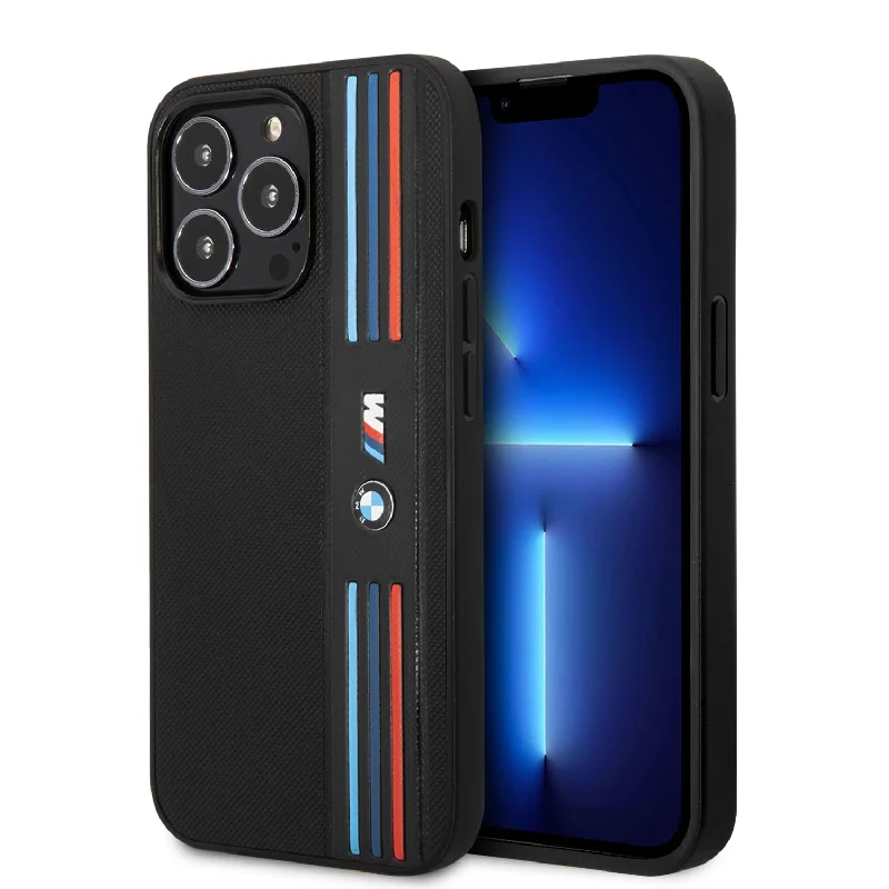 iPhone 14 Plus - PU Leather Black M Collection Mesh Case And Printed Tricolor Lines And Metal Logos - BMW