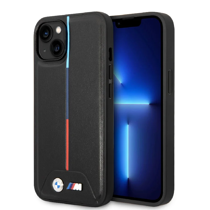 iPhone 14 - PU Leather Black M Collection Quilted Pu Case With Hot Stamped Tricolor Stripe And Metal Logos - BMW