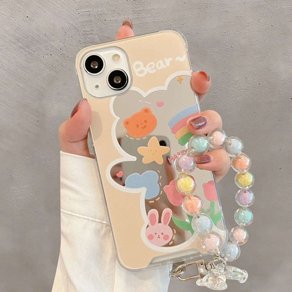 Cute Phone Cases For iPhone 14 Pro Max, 13, 12 Pro, 11, X, XR, XS, 7, 8 Plus, and SE3 - Cartoon Bear,Flower Mirror Cover - TSP369