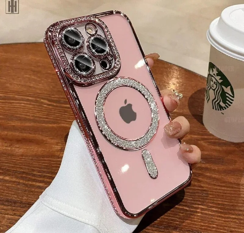 iPhone 13 Pro Glitter Transparent Diamond Wireless Charging Magnetic MagSafe Case - Pink