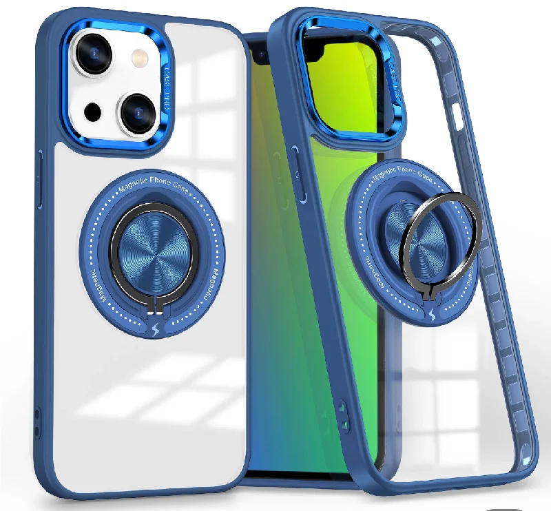 iPhone 14 Magnetic Rotating Ring Holder Transparent Case - Blue