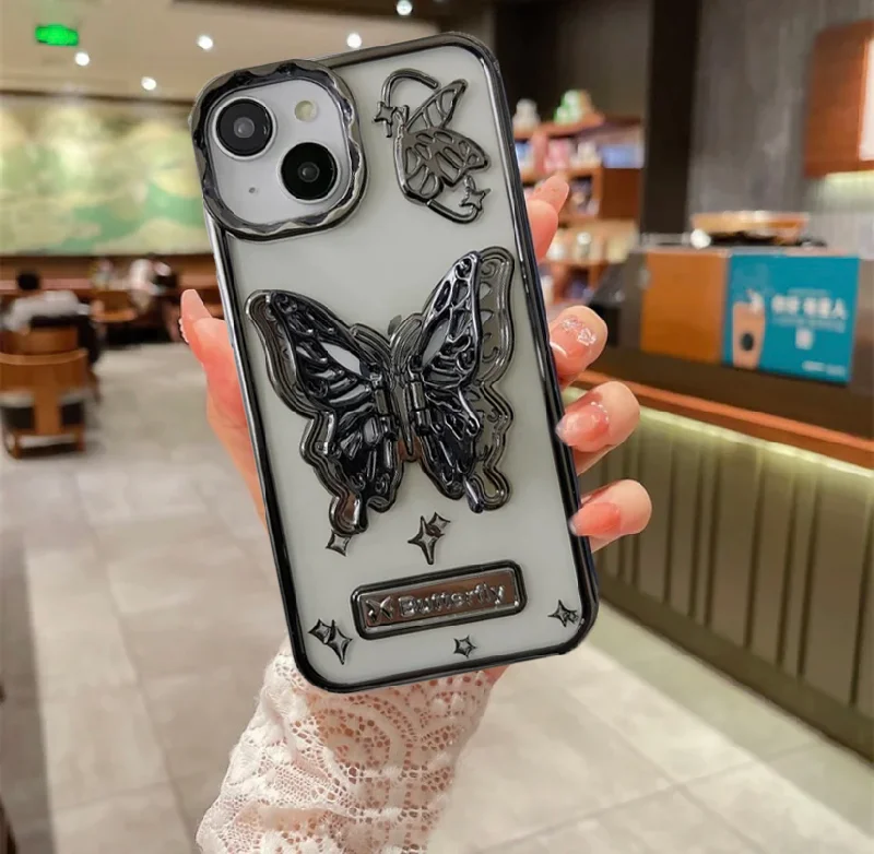 iPhone 14 Plus Premium Butterfly Transparent Silicone Case- Black