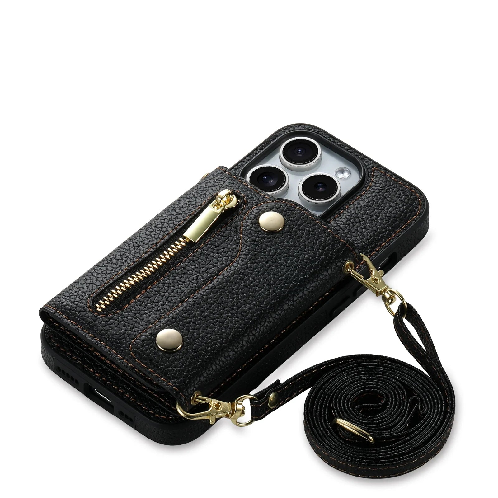 LUXURY LEATHER CARD HOLDER CASE WITH DETACHABLE LANYARD FOR IPHONE 13 TO 15