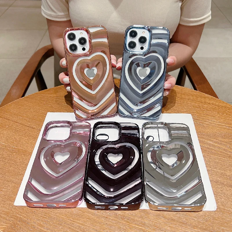 LuxuryKase LK159 Love Heart Plated Hollow Case Cover For iPhone 13 14 15 Pro Max