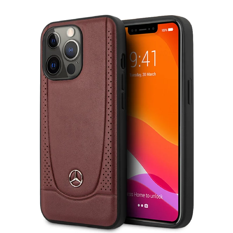 iPhone 14 Pro - Leather Red Hard Case Peforations And Metal Star Logo - Mercedes-Benz