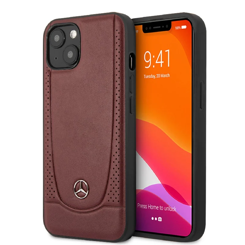 iPhone 14 Plus - Leather Red Hard Case Peforations And Metal Star Logo - Mercedes-Benz