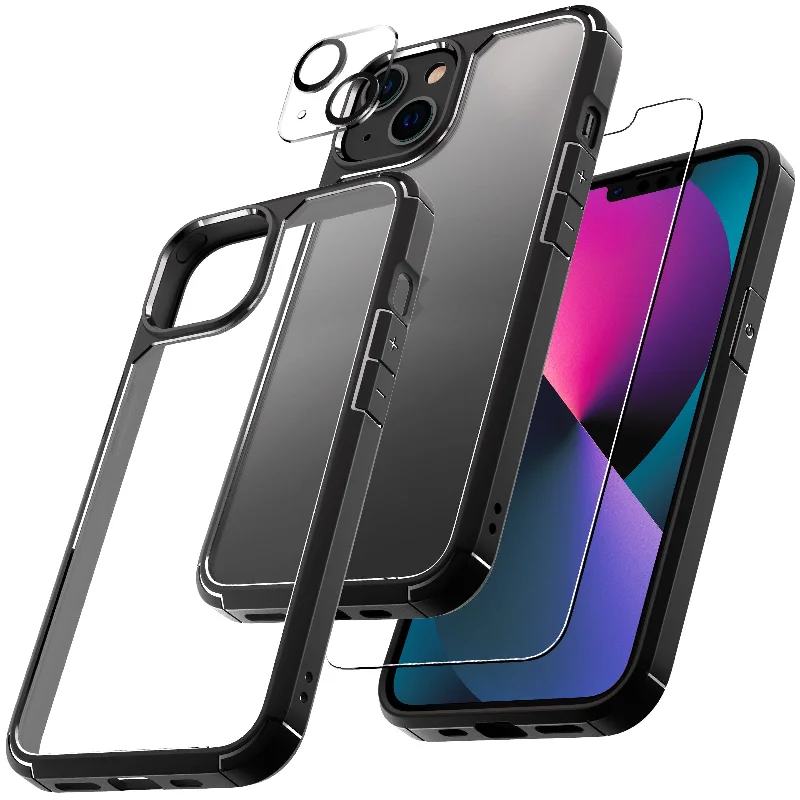 TAURI [3 in 1] Defender Designed for iPhone 13 Case 6.1 Inch, with 2 Pack Tempered Glass Screen Protector + 2 Pack Camera Lens Protector [Military Grade Protection] Shockproof Slim Thin