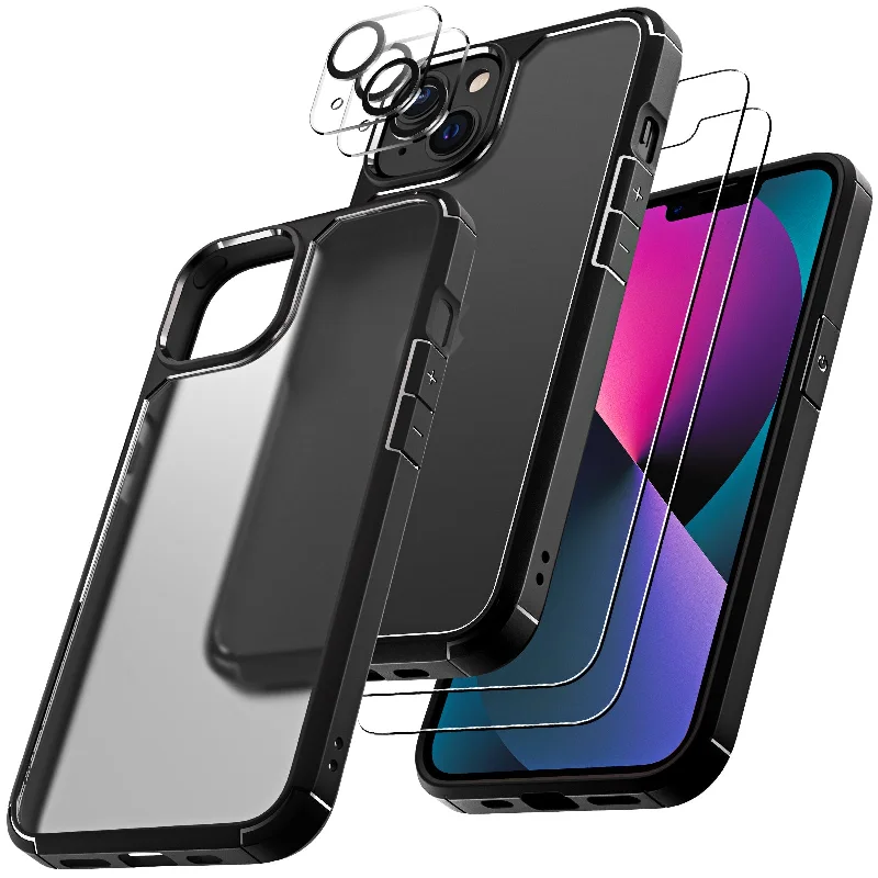 TAURI [3 in 1] Defender Designed for iPhone 13 Case 6.1 Inch, with 2 Pack Tempered Glass Screen Protector + 2 Pack Camera Lens Protector [Military Grade Protection] Shockproof Slim Thin