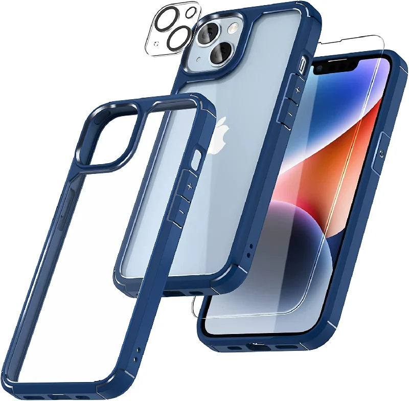 TAURI [5 in 1] for iPhone 14 Plus Case [Not Yellowing], with 2 Tempered Glass Screen Protectors+2 Camera Lens Protectors [Military Grade Protection] Shockproof Slim iPhone 14 Plus Case 6.7 Inch-Blue