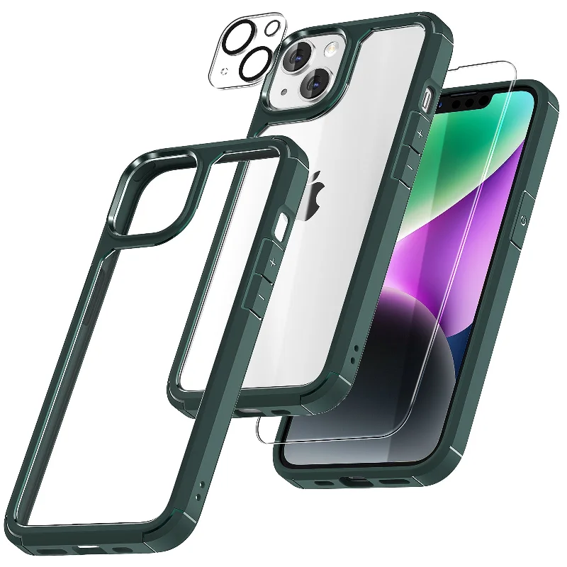 TAURI [5 in 1] for iPhone 14 Plus Case [Not Yellowing], with 2 Tempered Glass Screen Protectors+2 Camera Lens Protectors [Military Grade Protection] Shockproof Slim iPhone 14 Plus Case 6.7 Inch-Green