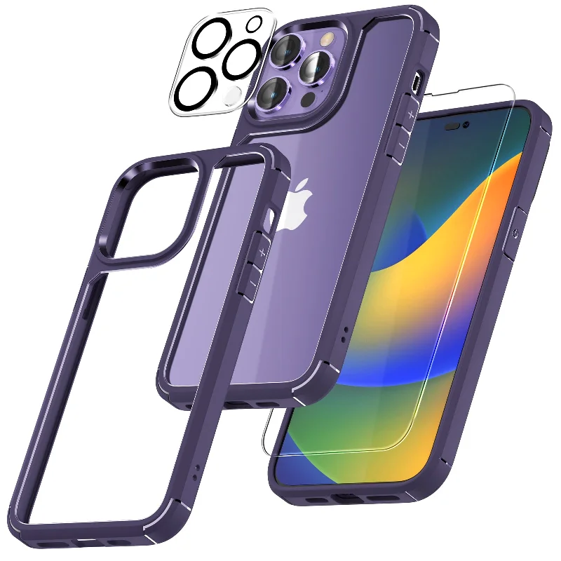 TAURI [5 in 1] for iPhone 14 Pro Case, [Not Yellowing] with 2X Tempered Glass Screen Protector + 2X Camera Lens Protector, [Military Grade Drop Protection] Shockproof Slim Phone Case 6.1 Inch, Purple