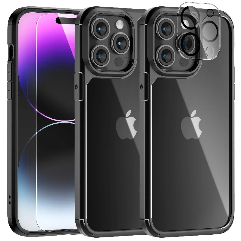 TAURI [5 in 1] for iPhone 14 Pro Max Case [Not Yellowing], with 2 Tempered Glass Screen Protectors + 2 Camera Lens Protectors [Military Grade Protection] Shockproof Slim 14 Pro Max 6.7 Inch, Black