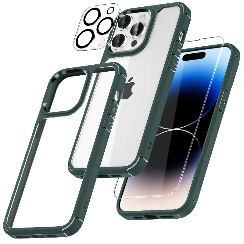 TAURI [5 in 1] for iPhone 14 Pro Max Case [Not Yellowing], with 2 Tempered Glass Screen Protectors + 2 Camera Lens Protectors [Military Grade Protection] Shockproof Slim 14 Pro Max 6.7 Inch, Green