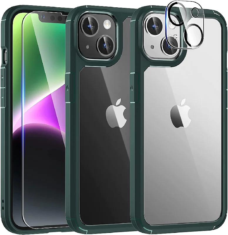 TAURI [5 in 1] for iPhone 14 Case, [Not Yellowing] with 2 Tempered Glass Screen Protector + 2 Camera Lens Protector [Military Drop Protection] Shockproof Slim Phone Case for iPhone 14 6.1 Inch-Green