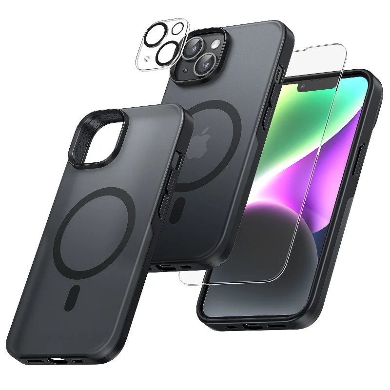 TAURI [5 in 1] Magnetic Case for iPhone 14 Plus [Military Grade Drop Protection] with 2X Screen Protector +2X Camera Lens Protector, Translucent Matte Slim Fit Compatible with Magsafe Case-Black