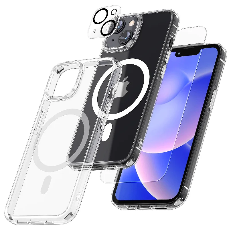 TAURI [5 in 1] Magnetic Case for iPhone 14 Plus [Military Grade Drop Protection] with 2X Screen Protector +2X Camera Lens Protector, Translucent Matte Slim Fit Compatible with Magsafe Case-Clear