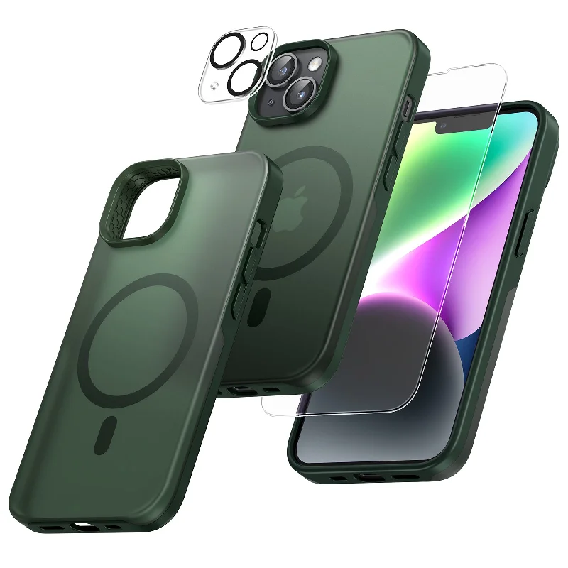 TAURI [5 in 1] Magnetic Case for iPhone 14 Plus [Military Grade Drop Protection] with 2X Screen Protector +2X Camera Lens Protector, Translucent Matte Slim Fit Compatible with Magsafe Case-Green