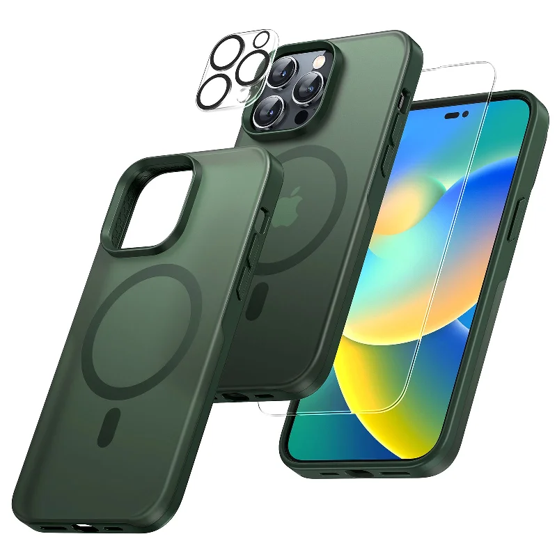 TAURI [5 in 1] Magnetic Case for iPhone 14 Pro Max [Military Grade Drop Protection] with 2X Screen Protector +2X Camera Lens Protector, Translucent Matte Slim Fit Compatible with Magsafe Case-Green