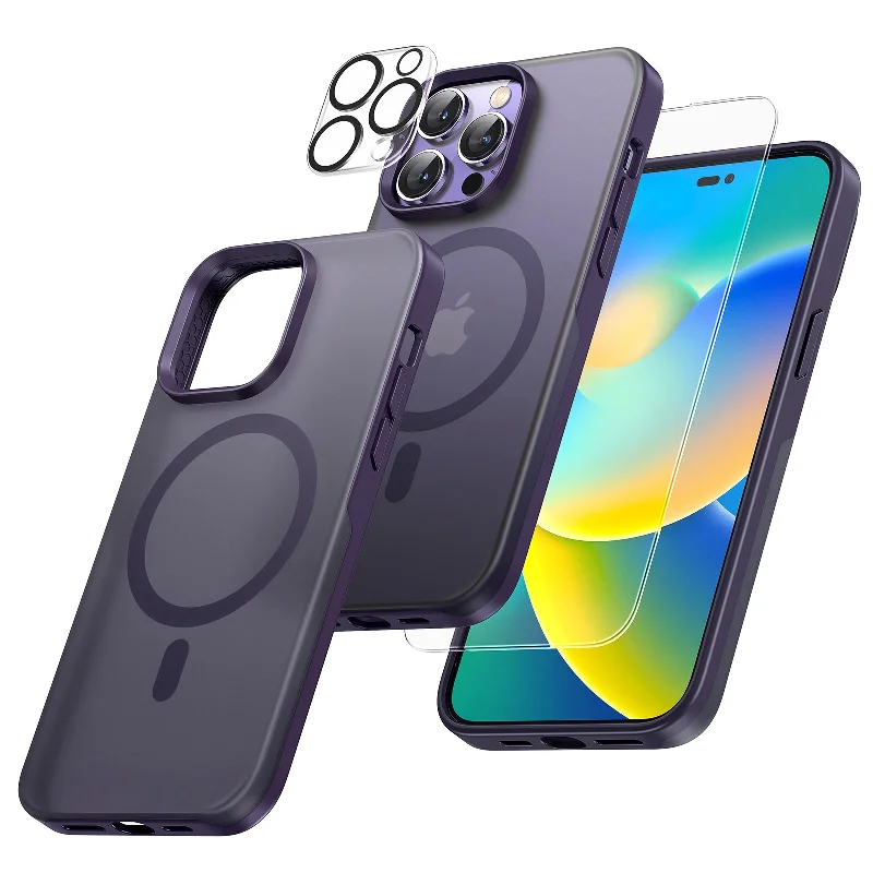 TAURI [5 in 1] Magnetic Case for iPhone 14 Pro Max [Military Grade Drop Protection] with 2X Screen Protector +2X Camera Lens Protector, Translucent Matte Slim Fit Compatible with Magsafe Case-Purple