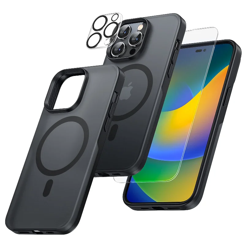 TAURI [5 in 1] Magnetic Case for iPhone 14 Pro [Military Grade Drop Protection] with 2X Screen Protector +2X Camera Lens Protector, Translucent Matte Slim Fit Compatible with Magsafe Case-Black