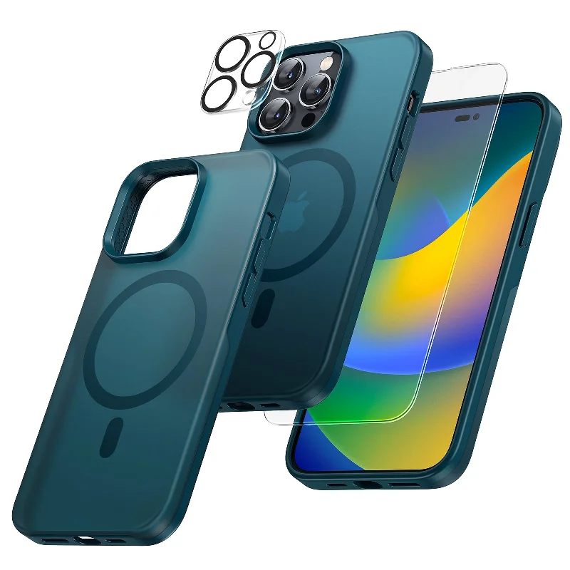 TAURI [5 in 1] Magnetic Case for iPhone 14 Pro [Military Grade Drop Protection] with 2X Screen Protector +2X Camera Lens Protector, Translucent Matte Slim Fit Compatible with Magsafe Case-Clear