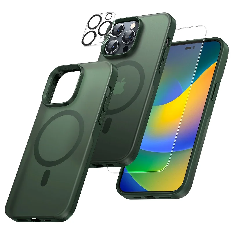 TAURI [5 in 1] Magnetic Case for iPhone 14 Pro [Military Grade Drop Protection] with 2X Screen Protector +2X Camera Lens Protector, Translucent Matte Slim Fit Compatible with Magsafe Case-Green