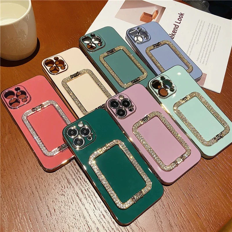 US LITE Crystal Square Holder Gold Plating Phone Case Cover for Iphone 13 14 Plus Mini Pro Max