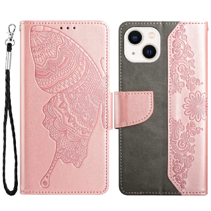 Butterfly Flower Imprinted Leather Case for iPhone 13 6.1 inch, Wallet Adjustable Stand Phone Cover