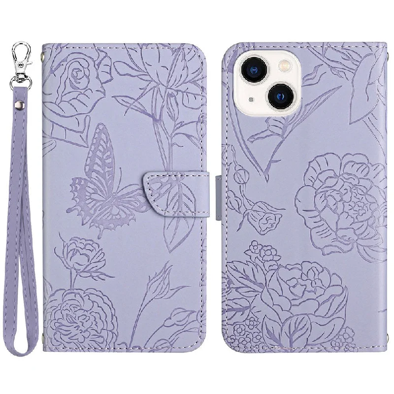 For iPhone 13 mini 5.4 inch Fashionable PU Leather Case Supporting Stand Skin-touch Feeling Butterfly Flower Pattern Imprinted Flip Wallet Phone Cover with Wrist Strap