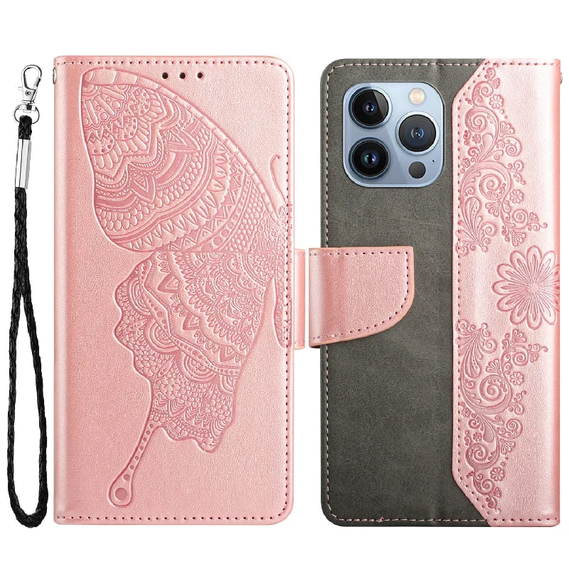 Imprinting Butterfly Flower Case for iPhone 13 Pro Max 6.7 inch, PU Leather Wallet Stand Phone Cover