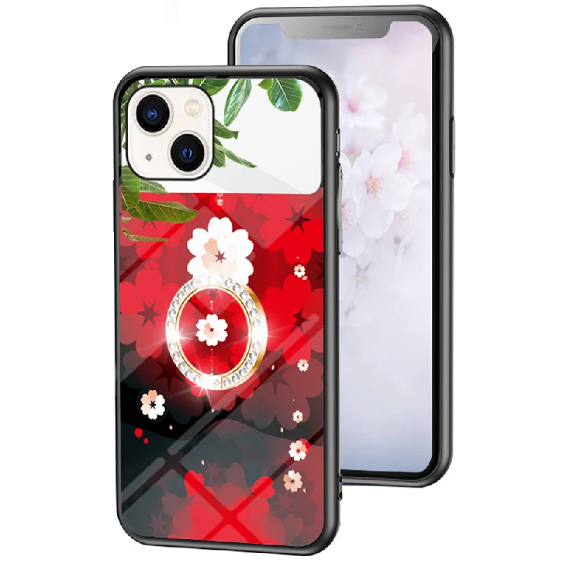 Magic Mirror Series Flower Pattern Phone Case for iPhone 13 mini 5.4 inch, Mirror Design Tempered Glass + PC Back TPU Frame Protective Cover with Ring Kickstand