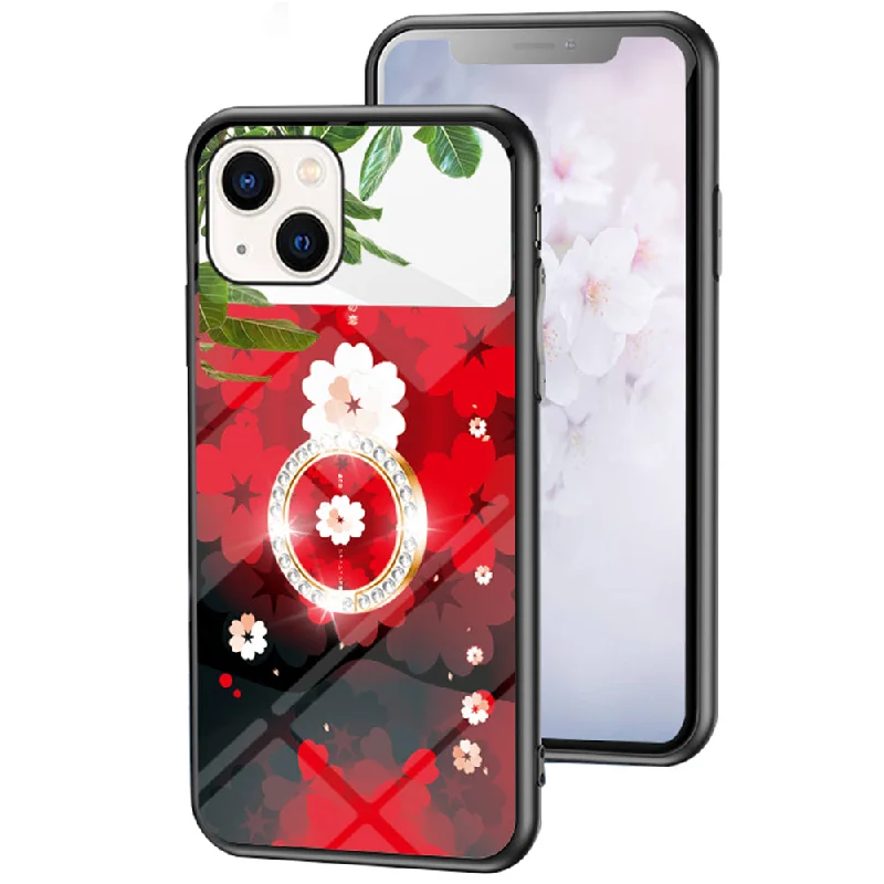 Magic Mirror Series Mirror Function Phone Case for iPhone 13 6.1 inch, Flower Pattern Kickstand Tempered Glass + PC + TPU Hybrid Cover