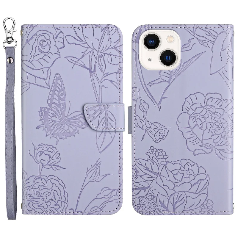 Soft Touch PU Leather Shockproof Case for iPhone 13 6.1 inch Anti-drop Wallet Phone Protector Stylish Butterflies Imprinted Anti-fingerprint Stand Cover with Strap